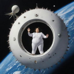 A round spaceship, resembling a sea urchin with even antennas, floats in space above Earth. Through one round window, a slightly overweight female figure with Asian features in a white suit can be seen, alongside spaceship instruments and octopus-like tentacles. The ship has spikes around it.