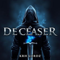 A book cover titled 'DECEASER', featuring a hooded knight facing east, with glowing blue magical eyes