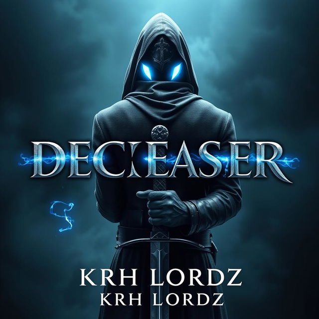 A book cover titled 'DECEASER', featuring a hooded knight facing east, with glowing blue magical eyes