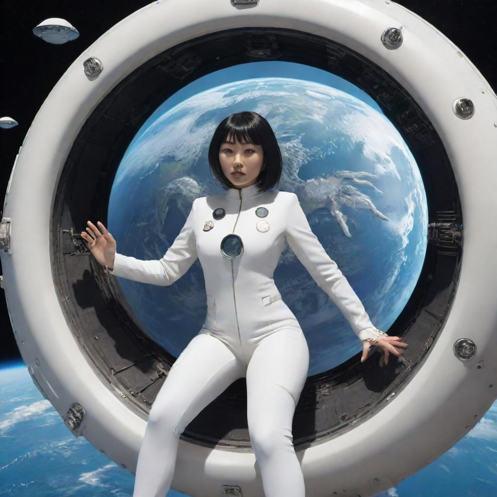 A round, sea-urchin-like spaceship with evenly spaced antennas floats above Earth in space. Through a round window, an Asian-looking heavier woman in a fitted, futuristic white suit is visible, alongside electronic instruments and octopus-like tentacles in the spaceship. The ship has spikes around it.