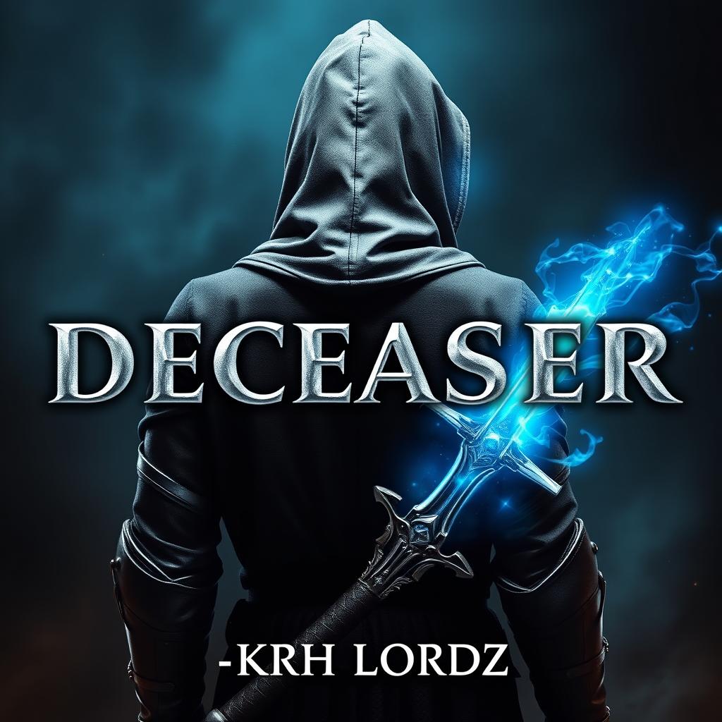 A book cover titled 'DECEASER', featuring a hooded knight facing east, with glowing blue magical eyes