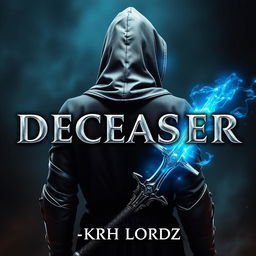 A book cover titled 'DECEASER', featuring a hooded knight facing east, with glowing blue magical eyes