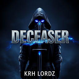 A book cover titled 'DECEASER', featuring a hooded knight facing east, with glowing blue magical eyes