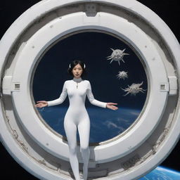 A round, sea-urchin-like spaceship with evenly spaced antennas floats above Earth in space. Through a round window, an Asian-looking heavier woman in a fitted, futuristic white suit is visible, alongside electronic instruments and octopus-like tentacles in the spaceship. The ship has spikes around it.