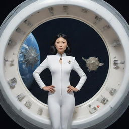 A round, sea-urchin-like spaceship with evenly spaced antennas floats above Earth in space. Through a round window, an Asian-looking heavier woman in a fitted, futuristic white suit is visible, alongside electronic instruments and octopus-like tentacles in the spaceship. The ship has spikes around it.