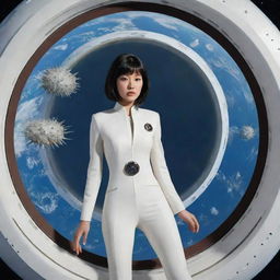 A round, sea-urchin-like spaceship with evenly spaced antennas floats above Earth in space. Through a round window, an Asian-looking heavier woman in a fitted, futuristic white suit is visible, alongside electronic instruments and octopus-like tentacles in the spaceship. The ship has spikes around it.