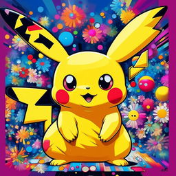 A beautiful Murakami print featuring Pikachu from Pokemon, adorned with vibrant and colorful superflat art elements that exemplify Murakami's unique style.