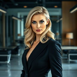 A striking 40-year-old blonde woman with captivating features, dressed in an elegant black suit that showcases her confidence and allure