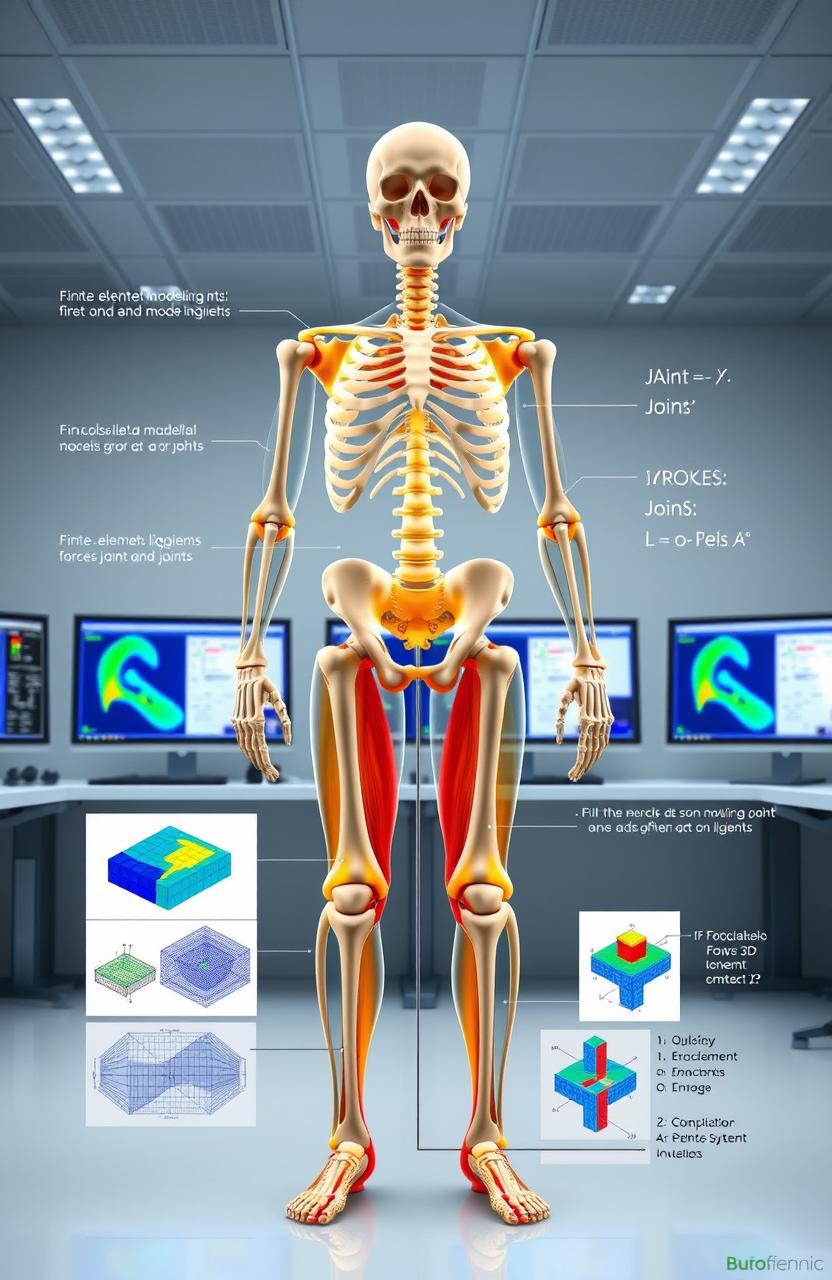 A detailed and informative illustration of computational biomechanics focusing on human joints