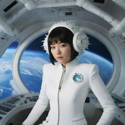 Inside a round, sea-urchin-like spaceship with antennas, floating above Earth, a slightly heavier woman with Asian features wears a fitted, futuristic white suit. Electronic instruments and octopus-like tentacles adorn the ship interior, while outside the spaceship features spikes.