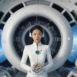 Inside a round, sea-urchin-like spaceship with antennas, floating above Earth, a slightly heavier woman with Asian features wears a fitted, futuristic white suit. Electronic instruments and octopus-like tentacles adorn the ship interior, while outside the spaceship features spikes.