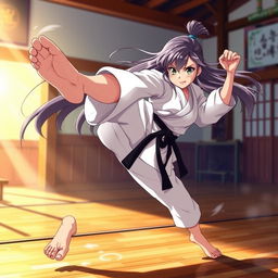 A dynamic scene featuring a skilled anime karate girl in an action pose