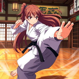 A dynamic scene featuring a skilled anime karate girl in an action pose