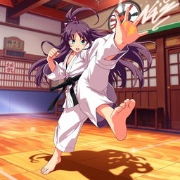 A dynamic scene featuring a skilled anime karate girl in an action pose