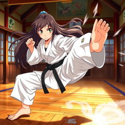 A dynamic scene featuring a skilled anime karate girl in an action pose