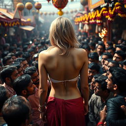 A striking scene depicting a terrified blonde woman, her back facing the viewer, showcasing her nude form while wearing a strapless design