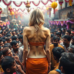 A striking scene depicting a terrified blonde woman, her back facing the viewer, showcasing her nude form while wearing a strapless design