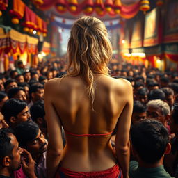 A striking scene depicting a terrified blonde woman, her back facing the viewer, showcasing her nude form while wearing a strapless design