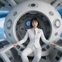 Inside a round, sea-urchin-like spaceship with antennas, floating above Earth, a slightly heavier woman with Asian features wears a fitted, futuristic white suit. Electronic instruments and octopus-like tentacles adorn the ship interior, while outside the spaceship features spikes.