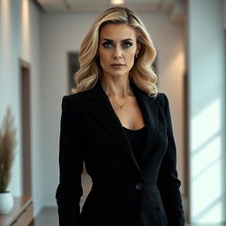 A striking 40-year-old blonde woman with captivating features, elegantly dressed in a tailored black suit that emphasizes her sophistication and allure