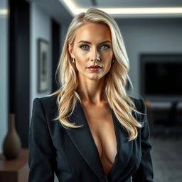 A striking 40-year-old blonde woman with captivating features, elegantly dressed in a tailored black suit that emphasizes her sophistication and allure