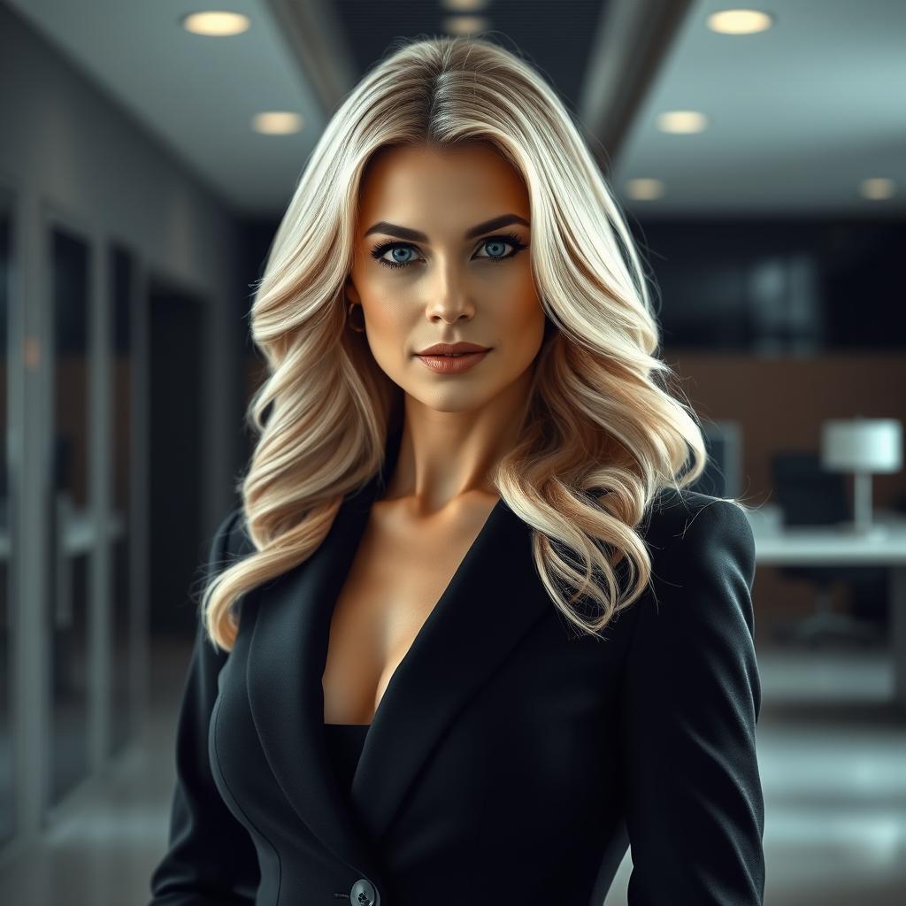 A striking 40-year-old blonde woman with captivating features, elegantly dressed in a tailored black suit that emphasizes her sophistication and allure