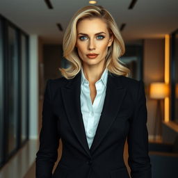 A striking 40-year-old blonde woman with captivating features, elegantly dressed in a tailored black suit that emphasizes her sophistication and allure