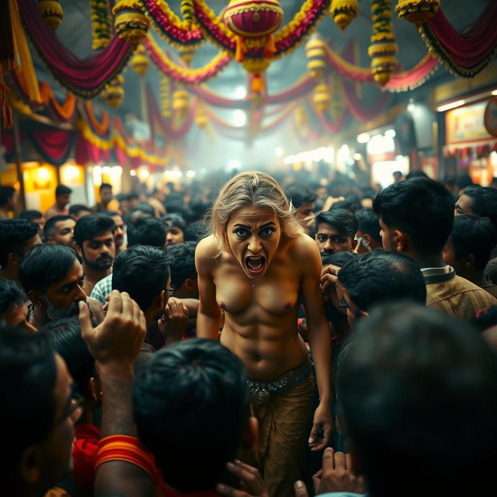 A dramatic scene depicting a terrified blonde woman, her nude form prominently featured, as she stands amidst a dense crowd of men at an Indian village mela (fair)