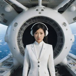 Inside a round, sea-urchin-like spaceship with antennas, floating above Earth, a slightly heavier woman with Asian features wears a fitted, futuristic white suit. Electronic instruments and octopus-like tentacles adorn the ship interior, while outside the spaceship features spikes.