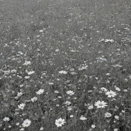 A stunning meadow filled with diverse flowers, depicted in a striking black and white contrast.