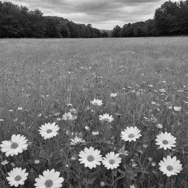 A stunning meadow filled with diverse flowers, depicted in a striking black and white contrast.