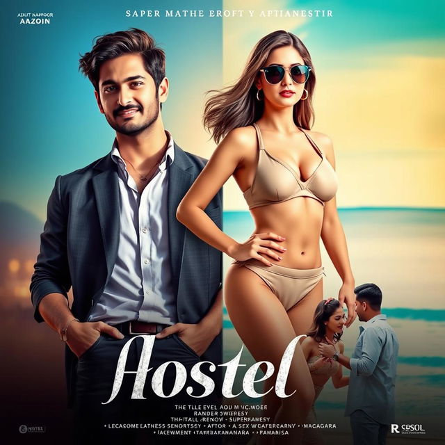 A film poster for the movie titled 'Hostel', an adult erotic rom-com set in a fictional new age smart city named Mahanagar