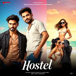A film poster for the movie titled 'Hostel', an adult erotic rom-com set in a fictional new age smart city named Mahanagar