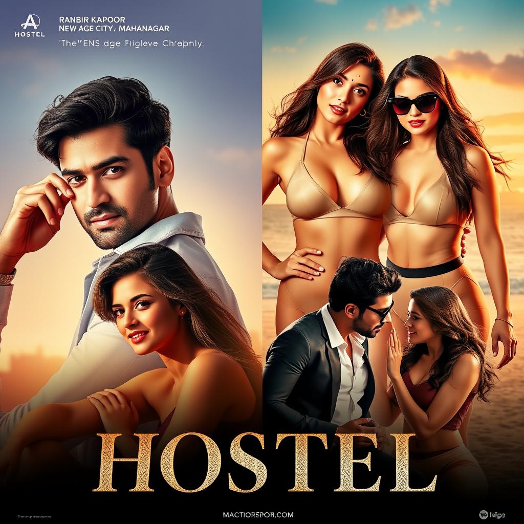 A film poster for the movie titled 'Hostel', an adult erotic rom-com set in a fictional new age smart city named Mahanagar