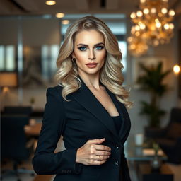 A captivating 40-year-old blonde woman with striking features, elegantly dressed in a fitted black suit that exudes sophistication and confidence