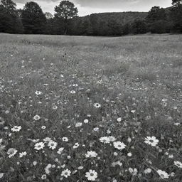 A stunning meadow filled with diverse flowers, depicted in a striking black and white contrast.