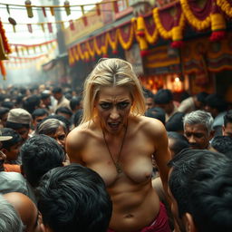 A dynamic scene capturing a terrified blonde woman who is nude, standing amidst a dense crowd of men at an Indian village mela (fair)