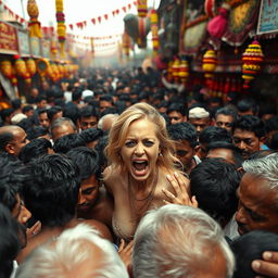 A dynamic scene capturing a terrified blonde woman who is nude, standing amidst a dense crowd of men at an Indian village mela (fair)