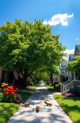A serene view of Elmwood, showcasing a peaceful suburban street lined with lush green trees