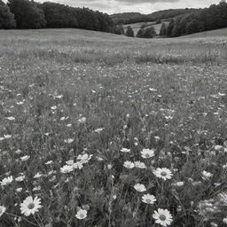 A stunning meadow filled with diverse flowers, depicted in a striking black and white contrast.