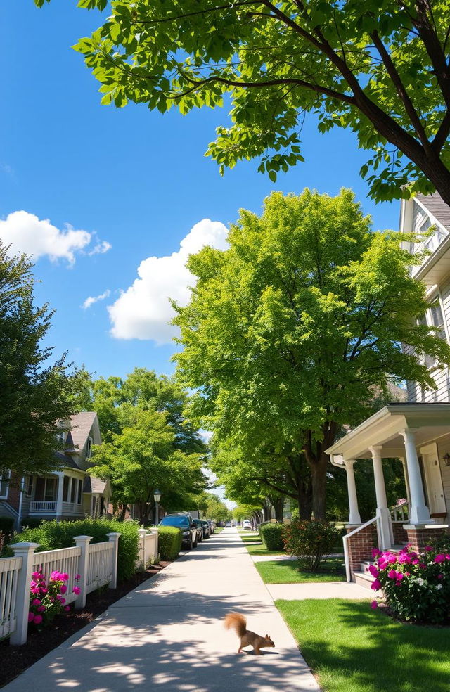 A serene view of Elmwood, showcasing a peaceful suburban street lined with lush green trees