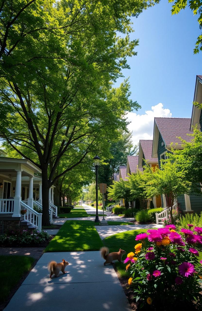 A serene view of Elmwood, showcasing a peaceful suburban street lined with lush green trees