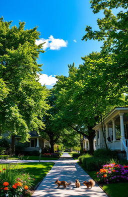 A serene view of Elmwood, showcasing a peaceful suburban street lined with lush green trees
