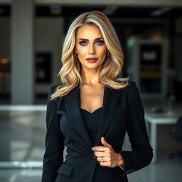 A stunning 40-year-old blonde woman with captivating features, confidently dressed in a tailored black suit that accentuates her elegance and strength