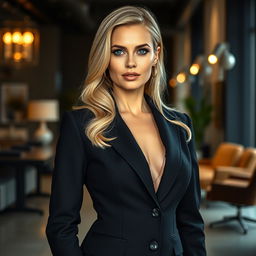 A stunning 40-year-old blonde woman with captivating features, confidently dressed in a tailored black suit that accentuates her elegance and strength