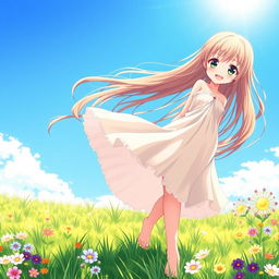 A beautiful anime girl with flowing long hair, standing barefoot on a lush green meadow under a clear blue sky