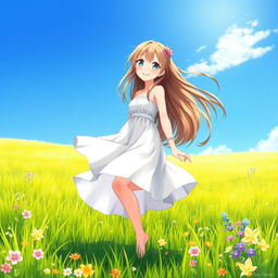 A beautiful anime girl with flowing long hair, standing barefoot on a lush green meadow under a clear blue sky