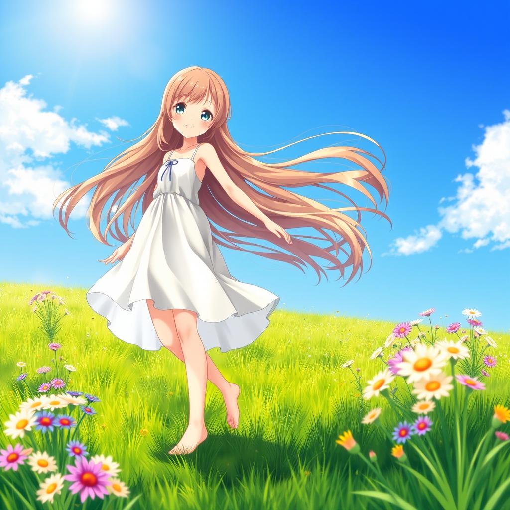 A beautiful anime girl with flowing long hair, standing barefoot on a lush green meadow under a clear blue sky