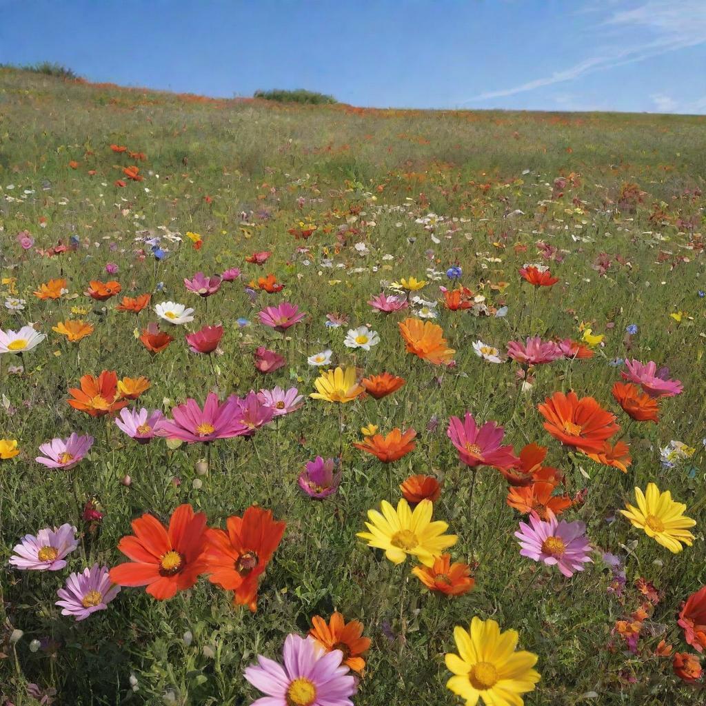 A serene meadow abundant with varieties of big, beautiful flowers, blooming vibrantly under a clear sky.