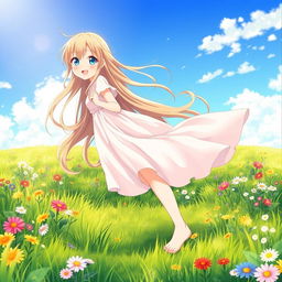 A beautiful anime girl with flowing long hair, standing barefoot on a lush green meadow under a clear blue sky